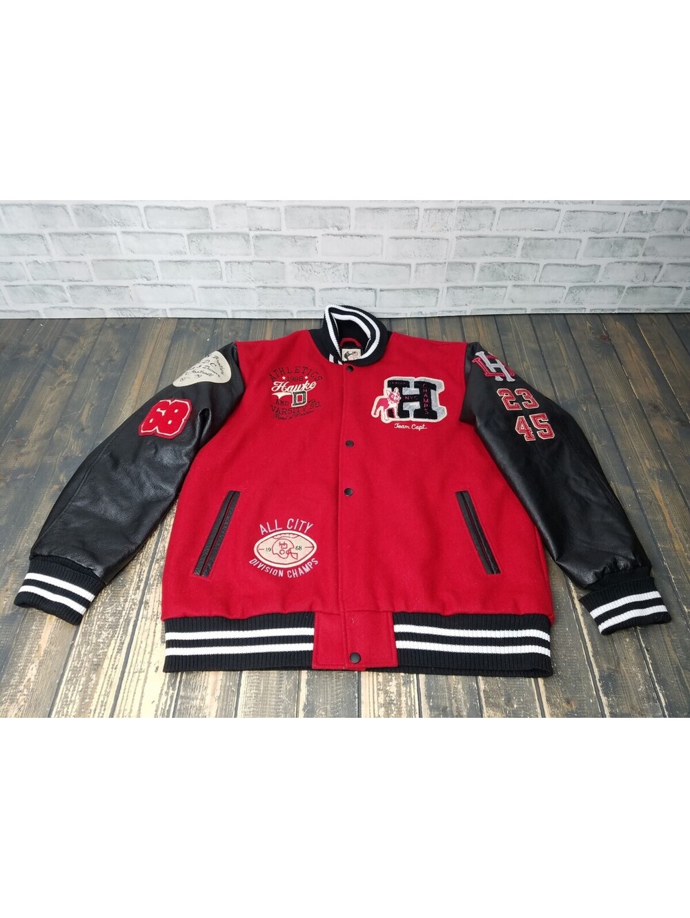 Hawke & Dumar Men's 2XL Varsity Jacket Bottom Down Coat Jacket Black / Red